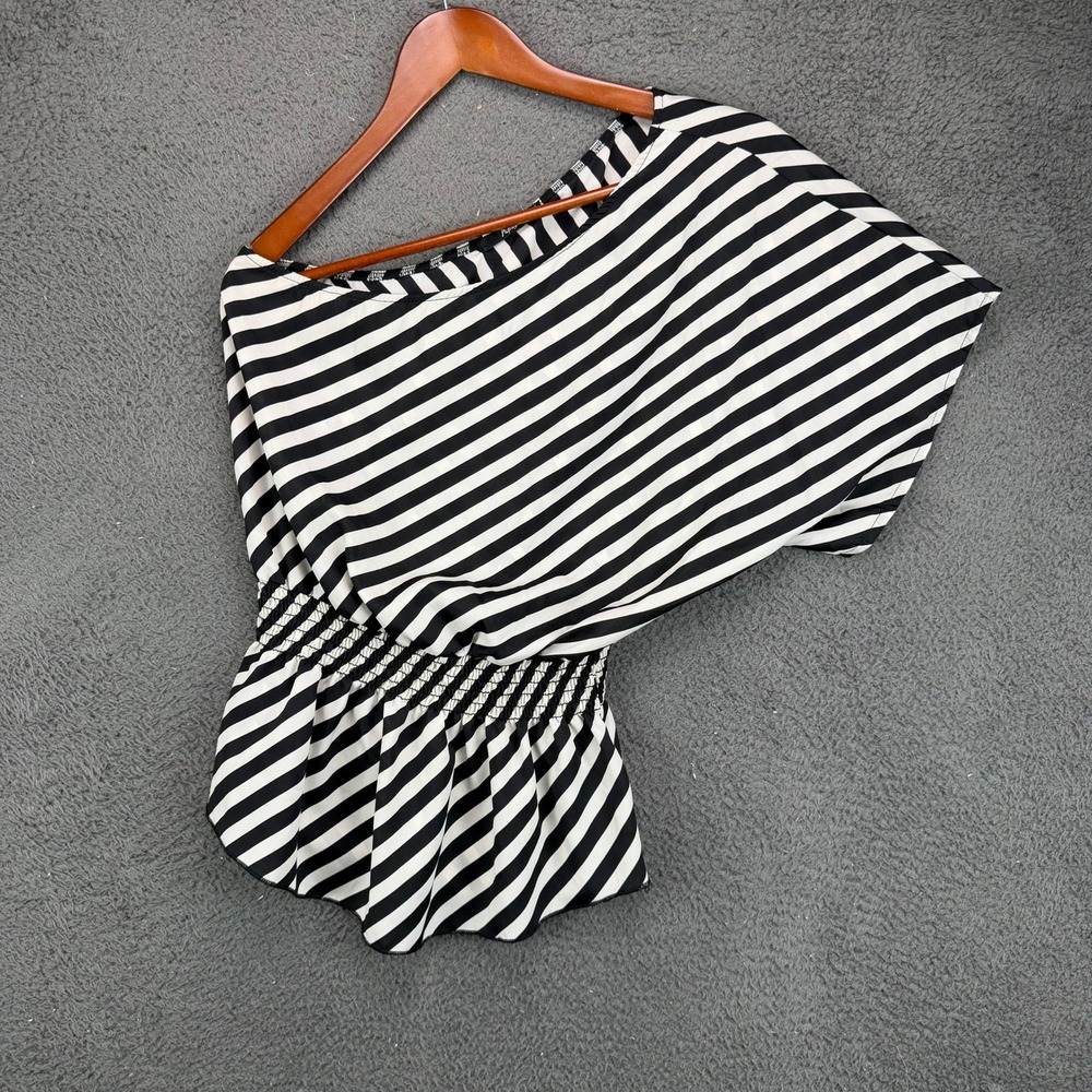Papaya Womens Black White Striped One Shoulder Smocked Peplum Blouse USA Small